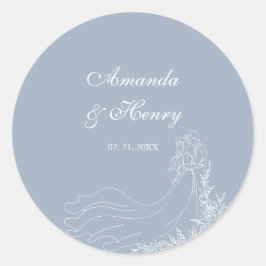 Adesivo Redondo Casamento Azul Dusty com Casal Desenhado Mão