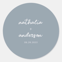 Adesivo Redondo Casamento Azul Dusty, Script Elegante Moderno