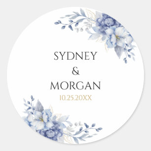 Adesivo Redondo Casamento Azul e Design Floral em Pó Elegante
