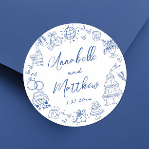 Adesivo Redondo Casamento Azul Excêntrico Desenhado à Mão Capricho