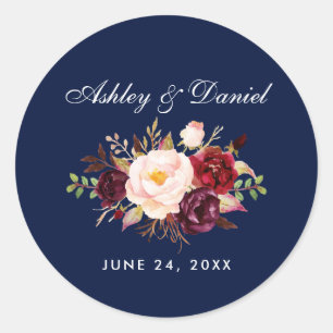 Adesivo Redondo Casamento azul floral de Borgonha da aguarela