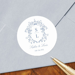 Adesivo Redondo Casamento Azul Monograma Crista Barroco Elegante