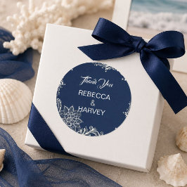 Adesivo Redondo casamento azul naval praia renda branca náutica