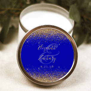 Adesivo Redondo Casamento Azul Real Rótulo Glitter Dourado