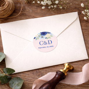 Adesivo Redondo Casamento Azul Royal Água-Marinha Flores Água-Ivor