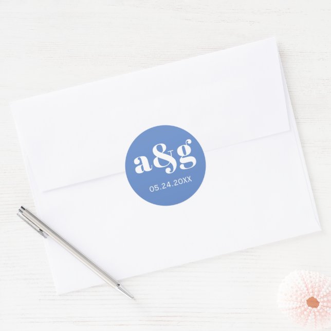 Adesivo Redondo Casamento azul simples, elegante monograma (Envelope)