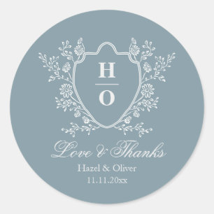 Adesivo Redondo Casamento Azul Vintage Crest Amor e Gratidão