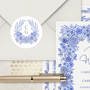 Adesivo Redondo Casamento Blue Floral Monograma Wreath