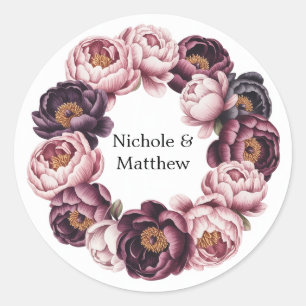 Adesivo Redondo Casamento Blush and Plum Peony Wreath
