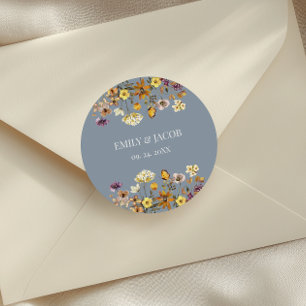 Adesivo Redondo Casamento Boho Flor Silvestre Azul Empoeirado