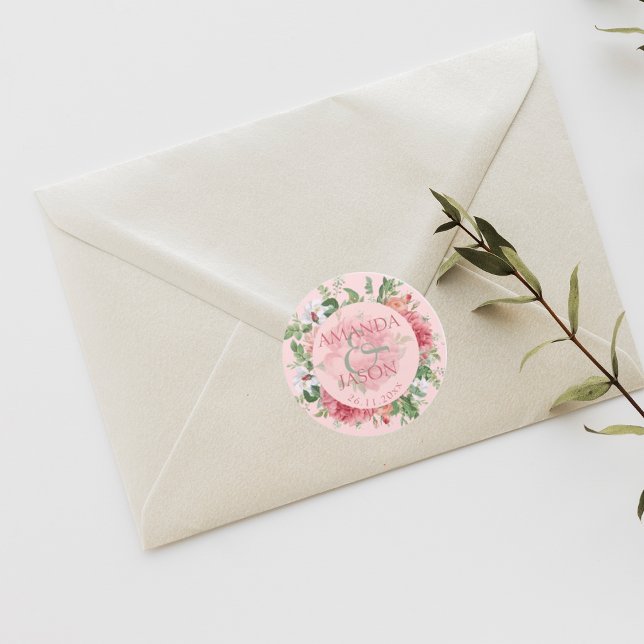Adesivo Redondo Casamento Bonito Floral  Branco-Rosa-Blush (Blush Pink White Pretty Floral cute Wedding Classic Round Sticker)
