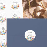 Adesivo Redondo Casamento Bonito Floral de Country Wildflower<br><div class="desc">Vinhetas de casamentos de flores silvestres para usar como selantes de envelopes de convite, adesivos de favoritos, cupcakes, etc. Design apresenta flores silvestres coloridas em tons de rosa, amarelo, azul e branco. Flores russas, elegantes estilos e uma paleta colorida multi-temporais combinam-se, extraindo encanto sem esforço. A tapeçaria de cores neste...</div>