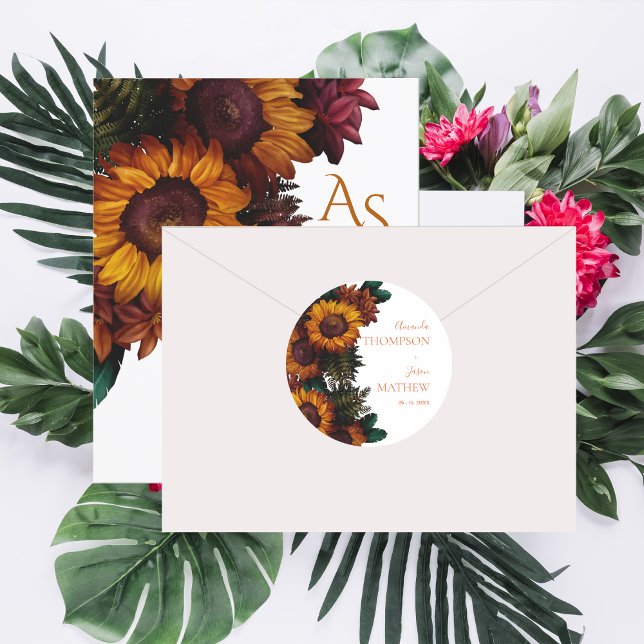 Adesivo Redondo Casamento Bonito Floral Rustic-Burnt Orange (Rustic Burnt Orange Pretty Floral Wedding Classic Round Sticker)