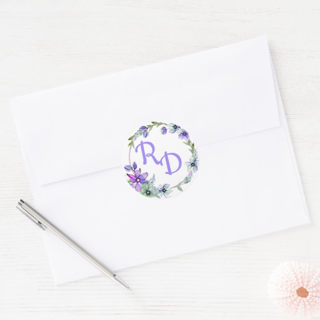 Adesivo Redondo Casamento bonito Floral Wreath Monogrammed (Envelope)