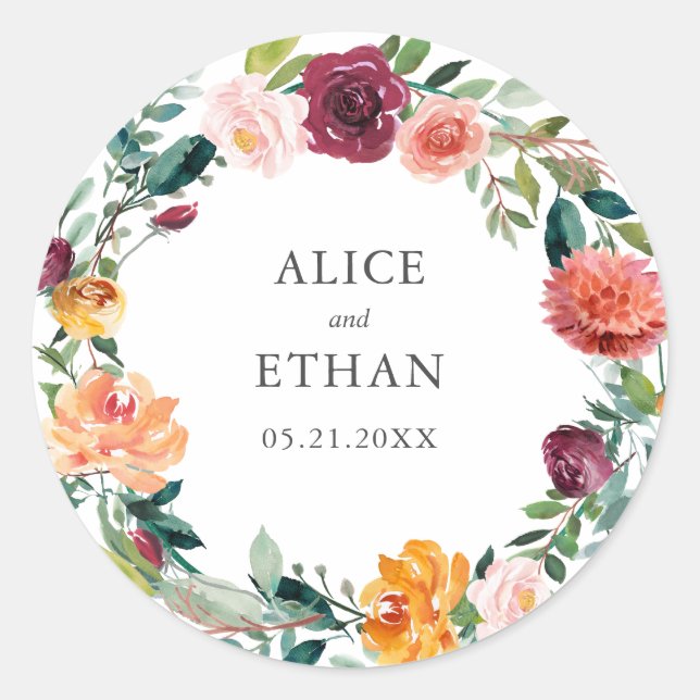 Adesivo Redondo Casamento Botânico Burgundy Organge (Frente)