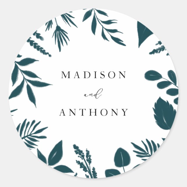 Adesivo Redondo Casamento Botânico de Azul-Teal Elegante (Frente)