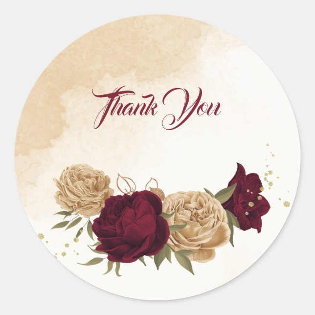 Adesivo Redondo Casamento botânico de ouro verde-branco Maroon (Frente)