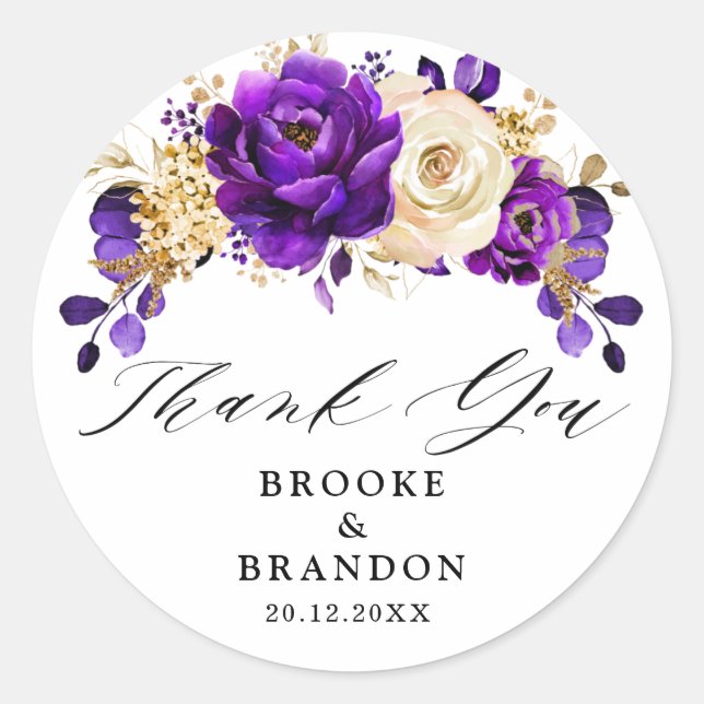 Adesivo Redondo Casamento Botânico Dourado Violeta Roxo Real (Frente)