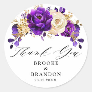 Adesivo Redondo Casamento Botânico Dourado Violeta Roxo Real