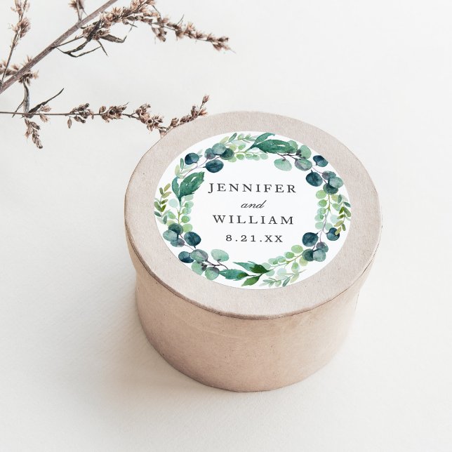 Adesivo Redondo Casamento Botânico Elegante Leafy Watercolor (Criador carregado)