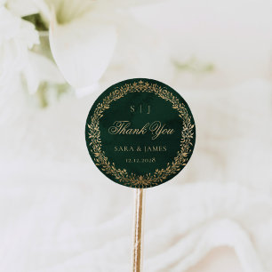 Adesivo Redondo Casamento Botânico Emerald Dourado Verde Obrigado
