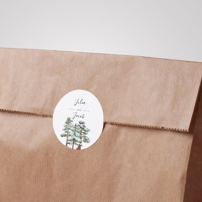 Adesivo Redondo Casamento Botânico entre Pinheiros Russos de Inver (Winter Rustic Pine Trees Lantern Botanical Wedding Party Supplies)