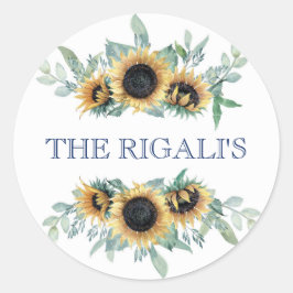 Adesivo Redondo Casamento Botânico Floral Azul-Sunflower e Marinho