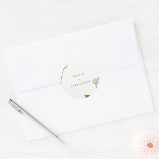 Adesivo Redondo Casamento Botânico Floral Branco Elegante