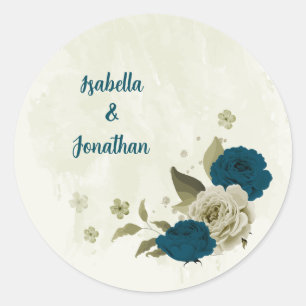 Adesivo Redondo casamento botânico floral com bege azul lacrimogên