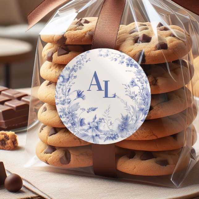 Adesivo Redondo Casamento Botânico Floral de Chinoiserie Azul (Criador carregado)