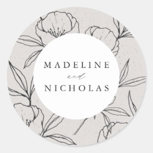 Adesivo Redondo Casamento Botânico Floral Moderno Cinza e Preto