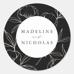 Adesivo Redondo Casamento Botânico Floral Moderno Preto e Creme
