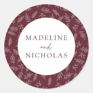 Adesivo Redondo Casamento Botânico Minimalista Moderno Merlot