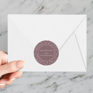 Adesivo Redondo Casamento Botânico Minimalista Moderno Roxo Mauve