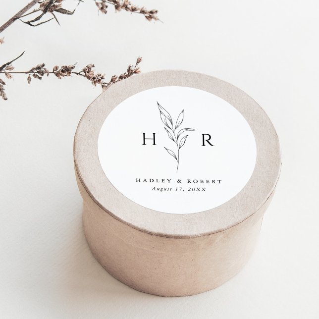 Adesivo Redondo Casamento Botânico Mínimo Simples Monograma (Criador carregado)