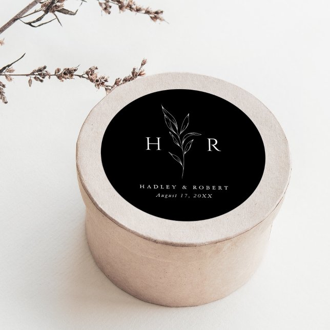 Adesivo Redondo Casamento Botânico Mínimo Simples Preto (Criador carregado)