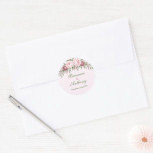 Adesivo Redondo Casamento botânico romântico rosa poeira rosa peôn