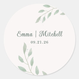 Adesivo Redondo Casamento Botânico Simples e Elegante em Verde Sál