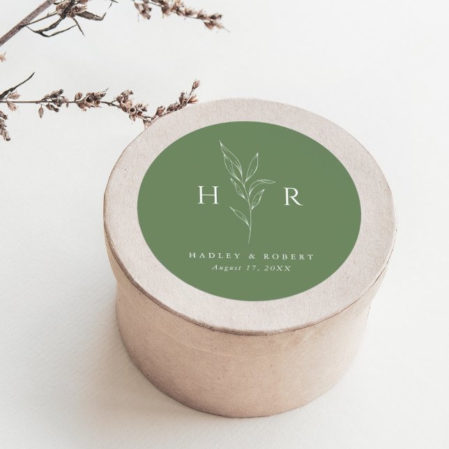 Adesivo Redondo Casamento Botânico Simples Verde Monograma (Criador carregado)