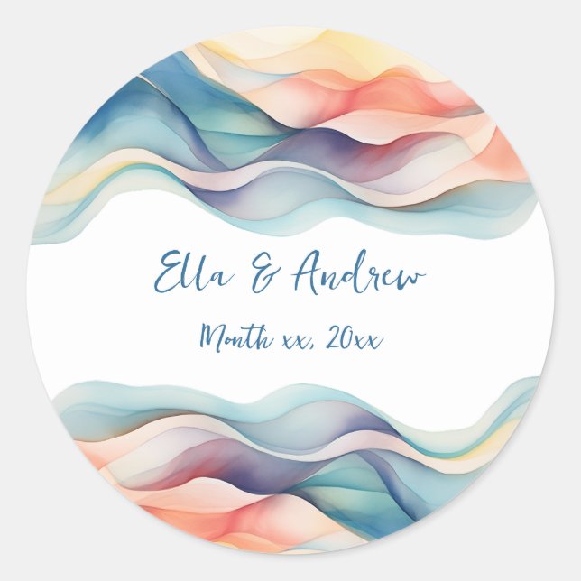 Adesivo Redondo Casamento Branco Azul Onda Abstrato Moderno (Frente)