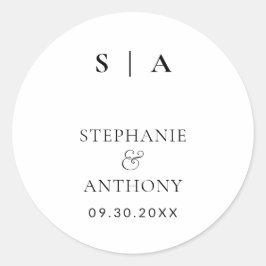 Adesivo Redondo Casamento branco e preto do monograma minimalista 