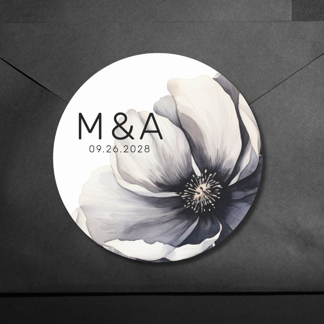 Adesivo Redondo Casamento Branco Negro Mínimo Moderno (Modern Minimalist Boho Floral Black White Wedding Classic Round Sticker)