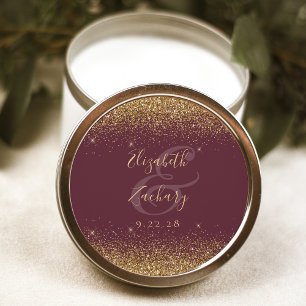 Adesivo Redondo Casamento Burgundy com Letra em Glitter Dourado