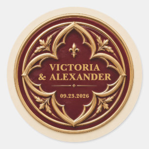Adesivo Redondo Casamento Burgundy e Dourado Personalizado