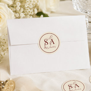 Adesivo Redondo Casamento Burgundy Ivory Stripe Monograma Old Mone