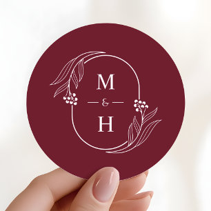 Adesivo Redondo Casamento Burgundy Monograma Moderno Boho Elegante