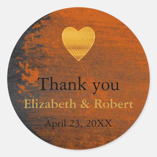 Adesivo Redondo Casamento Cardíaco Moderno com Folha de Ouro, Obri (Frente)