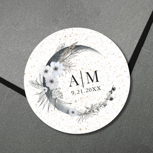 Adesivo Redondo Casamento Celestial das Estrelas da Lua (Moon Stars Celestial Wedding Classic Round Sticker)