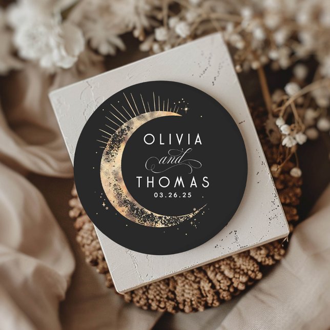 Adesivo Redondo Casamento Celestial Místico Estrelas de Folha de O (Moon Sun Black Celestial Stickers)