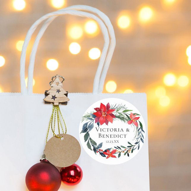 Adesivo Redondo Casamento Chic Christmas Poinsettia Floral Wreath (Criador carregado)
